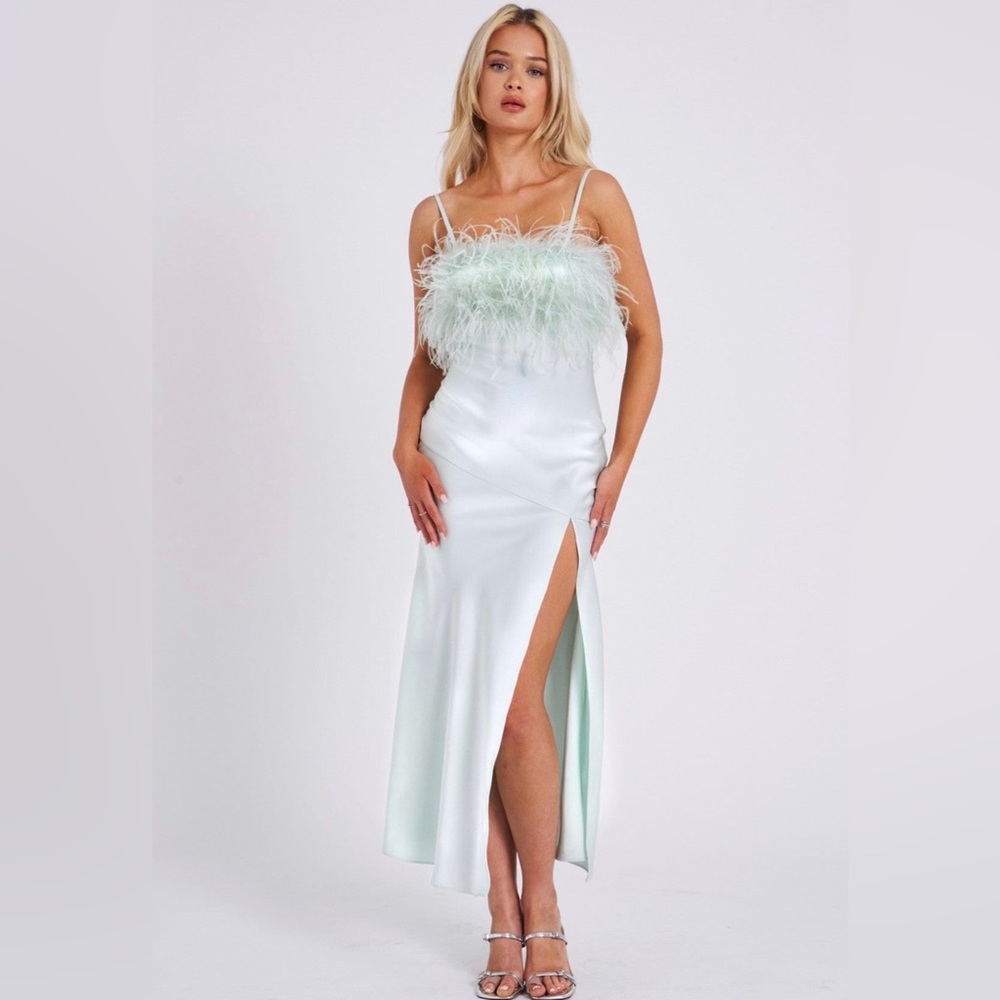 Mint Satin Ostrich Feather Trim Midi Slip Dress - NWT